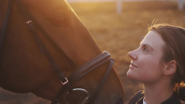 Horse Owner Showing Love For Her Horse  Looking At Her Horse Smiling Golden Hour