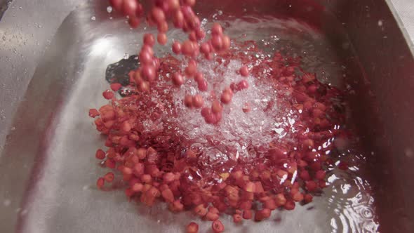 SLOW MOTION ZOOM OUT, foraged Rowan Berries are poured into sink to be washed