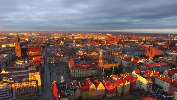 Aerial: Old town of Wroclaw at evening time