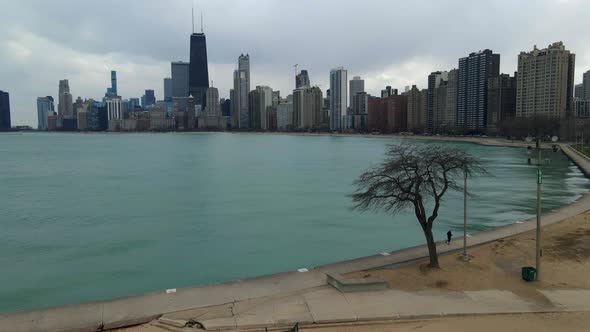 Aerial view of downtown chicago seen from the north side, Lake Michigan shore line