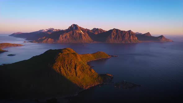 Aerial View on the Flakstadoya from Haukland beach and Mannen peak Lofoten Islands,Norway