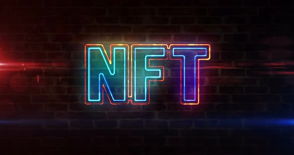 NFT crypto art symbol neon on brick wall
