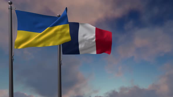 France Flag Waving Along With The National Flag Of The Ukraine - 4K