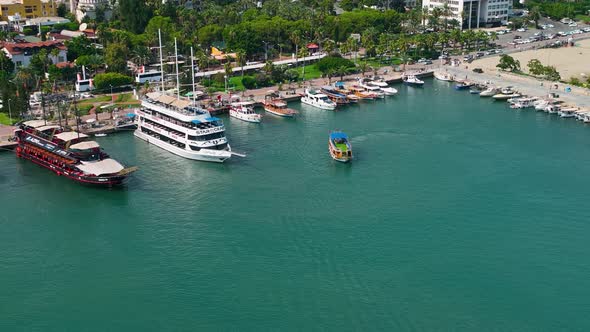 Luxury Yachts in the port aerial view 4 K Alanya Turkey