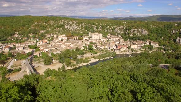 Aerial travel drone view of Balazuc, Southern France.