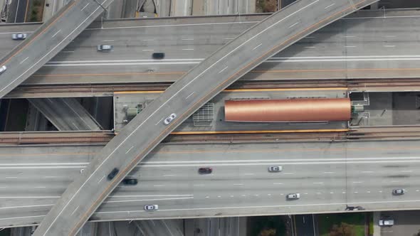 AERIAL: Spectacular Overhead Follow Shot of Judge Pregerson Highway Showing Multiple Roads, Bridges