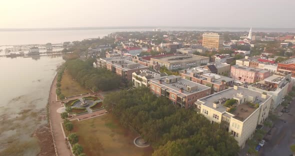 Aerial View over Waterfront Park Pineapple Fountain in Downtown Charleston, SC