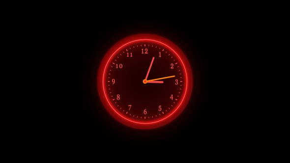 Red neon counting down fast motion clock isolated on black background