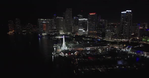 Downtown Miami At Night Bayside Ferris Wheel Skyviews. 5k Night Aerial Shot On Dji Mavic 3