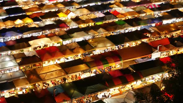 Illuminated Tents of Market at Night. Top View of Colorfull Brightly Illuminated Tents of Ratchada