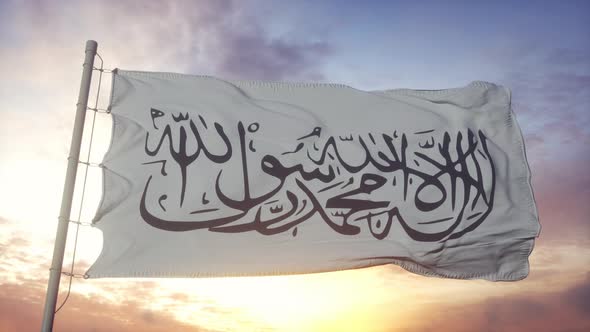 Flag of Taliban Waving in the Wind Sky and Sun Background