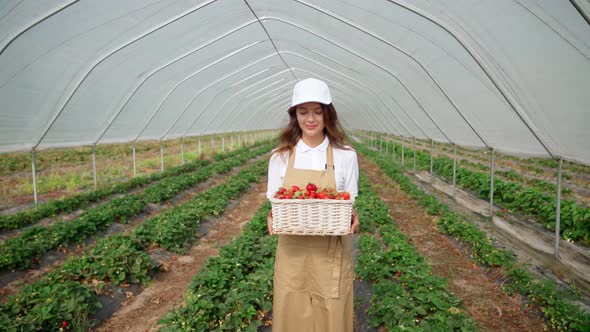 Charming Woman Holding Basket with Ripe Strawberries