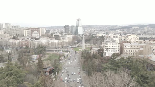 Tbilisi, Georgia - April 12 2021: Aerial view of the Monument of Heroes and Tbilisi circus