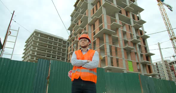 Portrait of Male Builders Engineers Contractor Worker Foreman Architect in Hard Hat on Background of