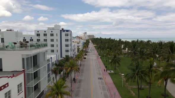 Aerial drone video Miami Beach Ocean Drive shut down during Coronavirus Covid 19 pandemic