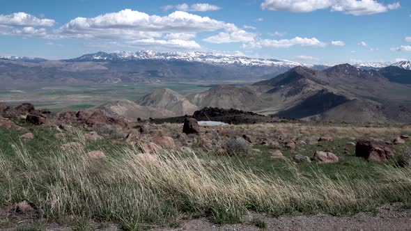 Central valley and Sierra Nevada in California with tall grasses, Aerial dolly in shot