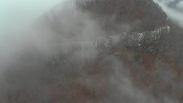 Drone Aerial of Foggy Mountain Forest Terrain