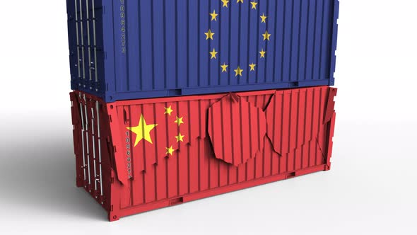 Container with Flag of EU Breaks Container with Flag of China