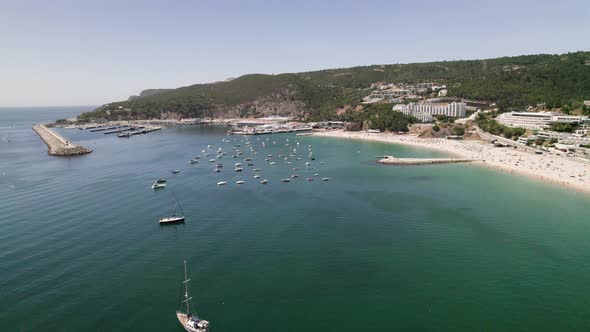 Sesimbra port full of luxury vip yachts seen from the air, Portugal