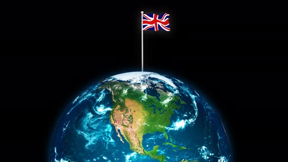 3d Rotated Planet Earth On Flying United Of Kingdom Flag Animation