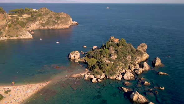 Taormina Sicily Isola Bella Beach From the Sky Aerial View Voer the Island and the Beach By Taormina