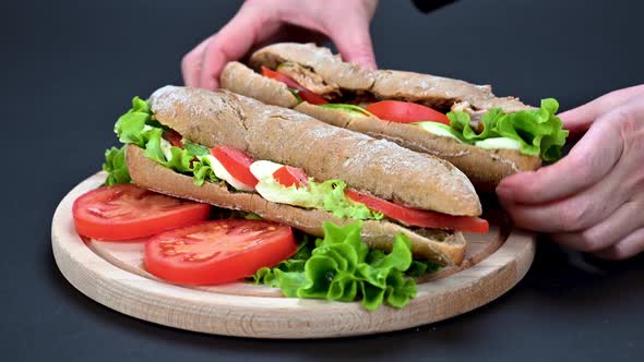 Woman hands taking tasty sandwich