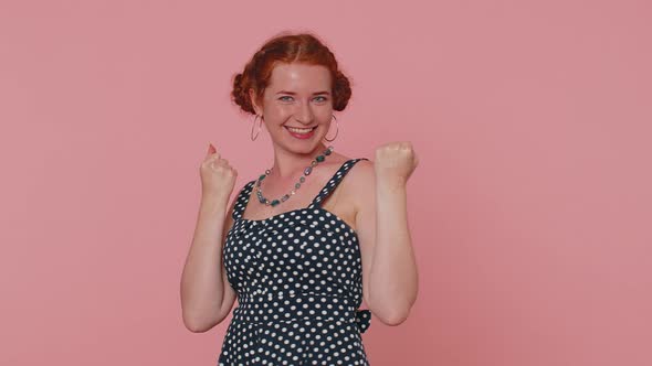 Stylish Cute Redhead Woman Shouting Celebrating Success Winning Birthday Lottery Goal Achievemen