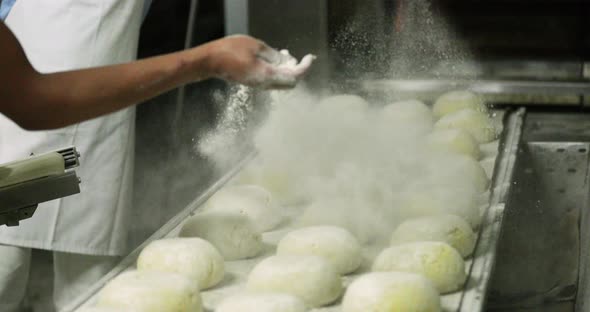 Fresh Unbaked Bread Dough In-Line Sprinkled By Wheat Flour Ready For Baking In The Big Oven. - Stati