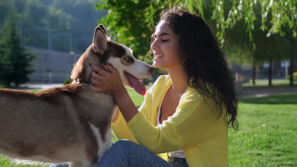 Happy Woman and Funny Husky Dog in Park at Sunny Day Love of Human and Dog