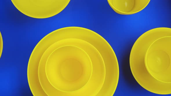 Flat Lay Food Background with Empty Yellow Cup, Over Blue Background