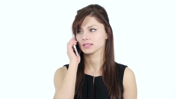 Young Girl Answering Phone Call, White Background