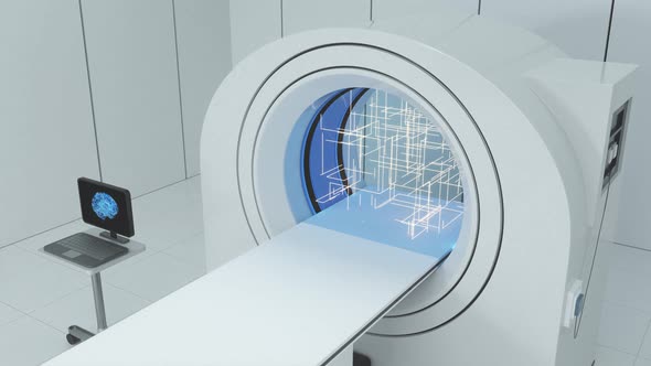 CT machine with white background,flowing lines.