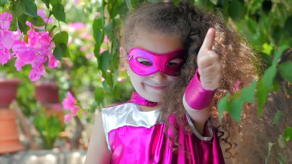 Beautiful Llittle Girl in the Superhero Costume, Close Up Portrait Child in the Mask of the Hero