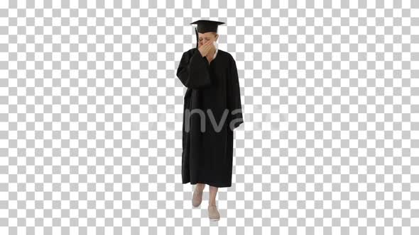 Young Graduate Woman Sick And Coughing While Walking, Alpha Channel