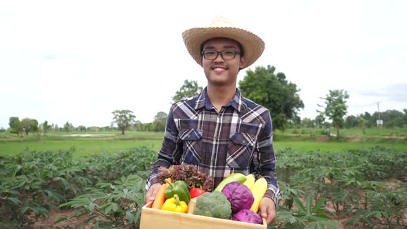 Asian farmer smiling and holding a box of organic vegetables walking at his farm