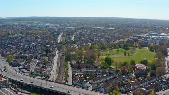 Drone shot over suburban london Wandle park croydon