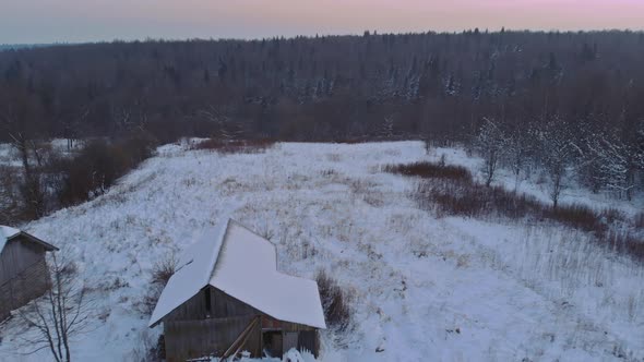 Aerial Panoramic View Winter Period Landscape Forest Trees Covered Snow Sunset