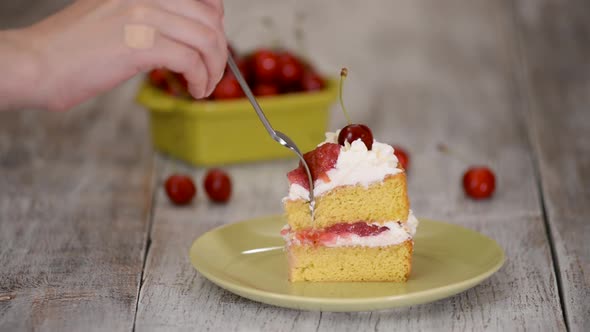 Piece of Cherry Cake With Vanilla Cream.