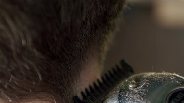 Close Up Shot of Barber Cuts the Young Man's Hair Using a Hair Clipper