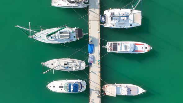 Yachts in the port aerial view 4 K Alanya Turkey