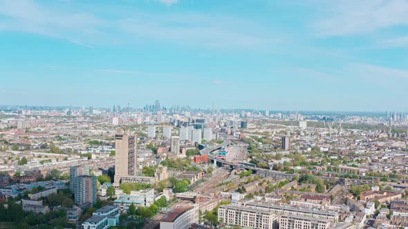 Drone shot towards central London over westway paddington railway