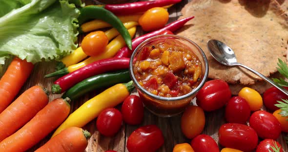 Fresh organic vegetable chutney with papadam