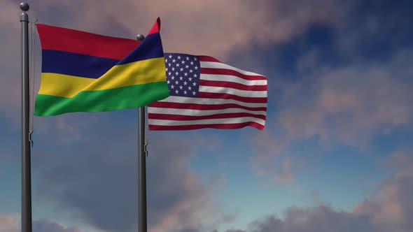 Mauritius Flag Waving Along With The National Flag Of The USA - 4K