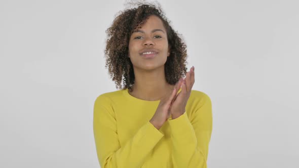 Young African Woman Clapping Applauding on White Background