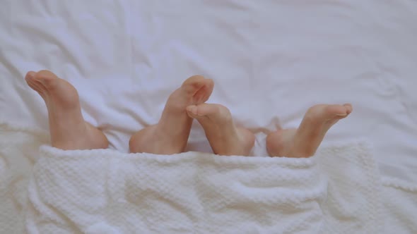 Top View Female and Male Legs Under a White Blanket