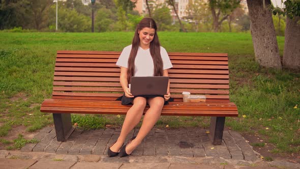 Businesswoman Has Call Online Use Computer in Park