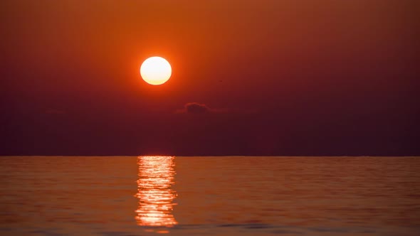 Timelapse of Sunset of the Great Red Sun in the Sea. Orange Sunny Path with Sea Reflections