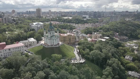 Kyiv. Ukraine. St. Andrew's Church. Aerial. Flat, Gray