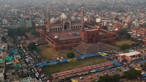 New Delhi, India, "Jama Masjid" mosque 4k aerial drone video