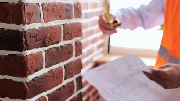 A builder engineer makes measurements of the premises in the building.